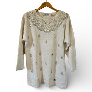 Vintage Beaded Pearl Sweater Maggie Lawrence Ramie Cotton Festive Womens XL